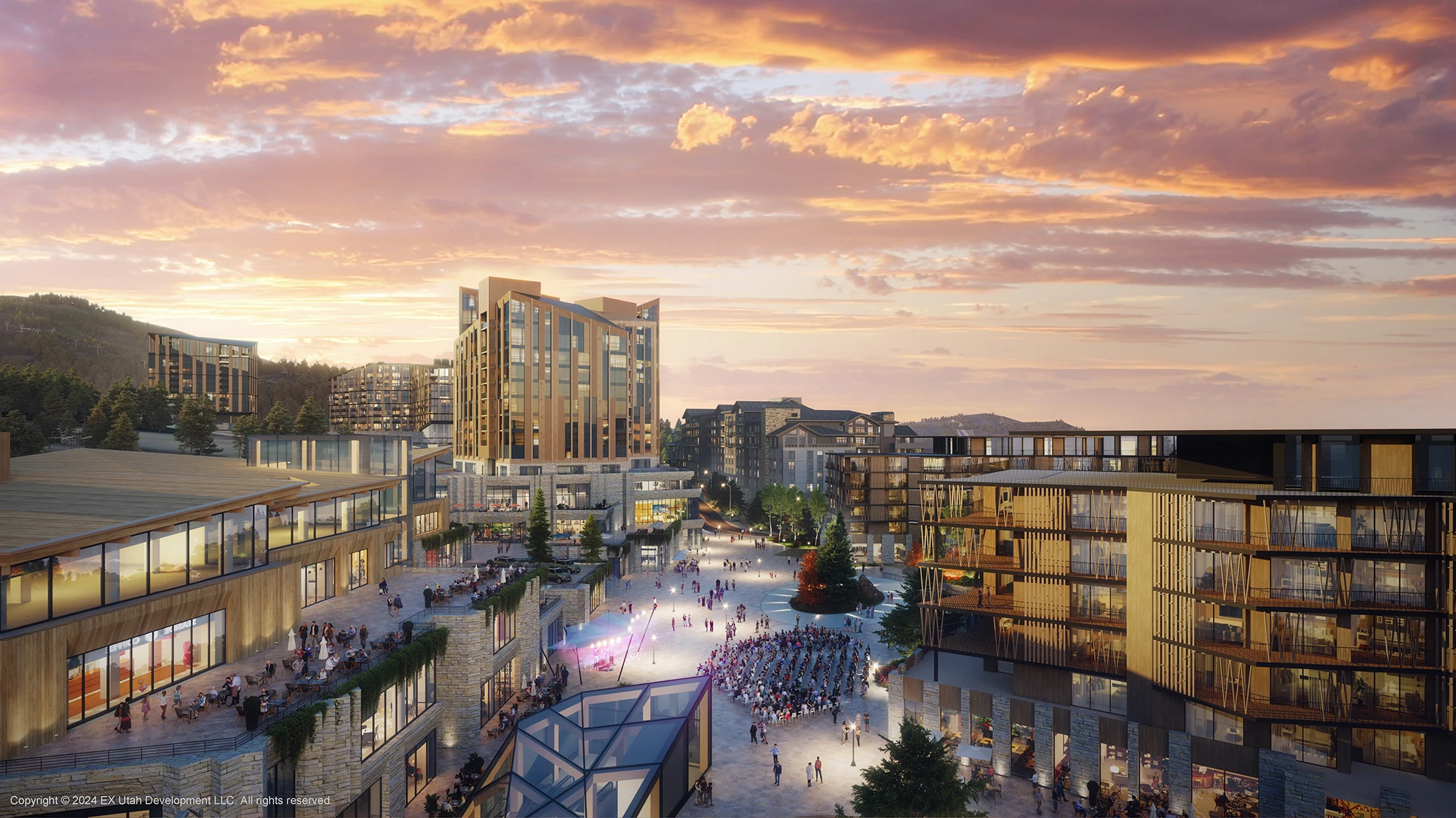 Rendering of Deer Valley East Village Ice Ribbon Plaza in summer