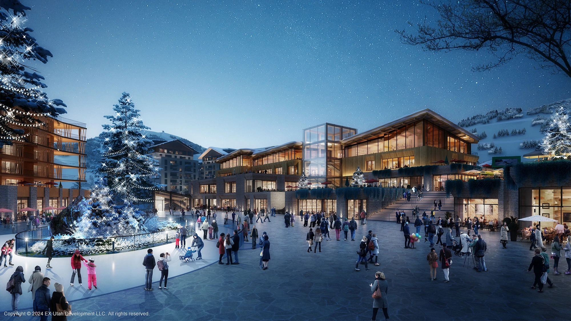 Rendering of Deer Valley East Village Ice Ribbon Plaza in winter