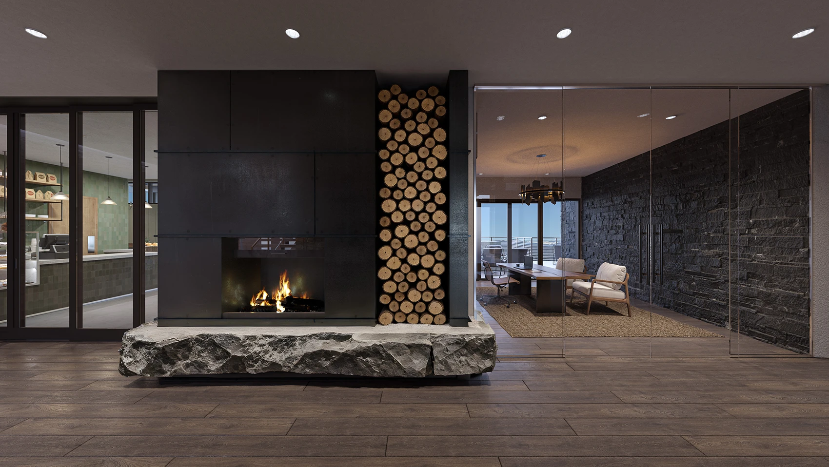 Photo of the clubhouse fireplace at SkyRidge